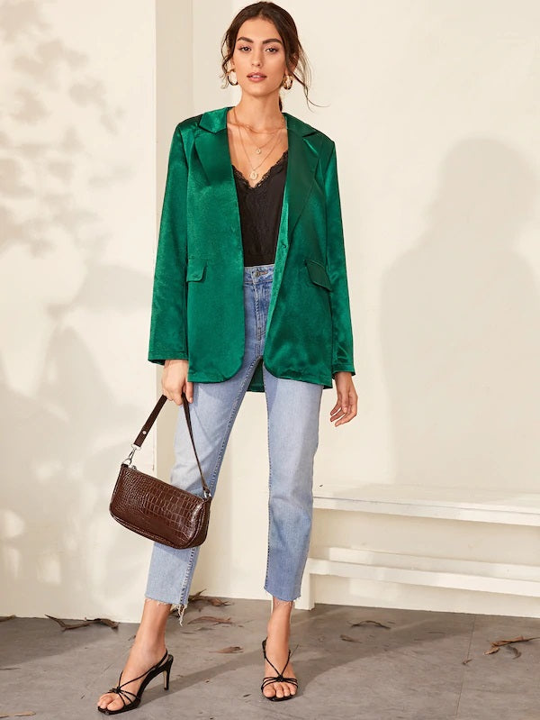 CM-CS813542 Women Elegant Seoul Style Long Sleeve Solid Notched Collar Satin Blazer - Green