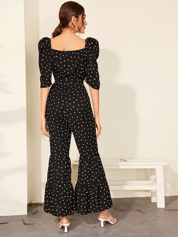CM-JS813382 Women Elegant Seoul Style Heart Print Sweetheart Neck Belted Jumpsuit - Black