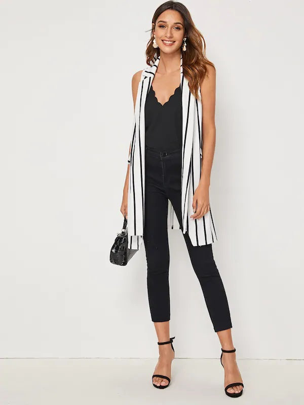 CM-CS723426 Women Casual Seoul Style Sleeveless Lapel Notched Collar Striped Vest Blazer - White