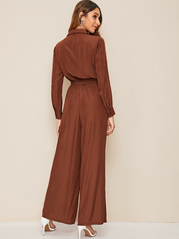 CM-JS802884 Women Casual Seoul Style Long Sleeve Button Front Belted Wide Leg Shirt Jumpsuit - Brown
