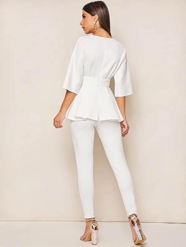 CM-JS814087 Women Elegant Seoul Style Plunging Neck Batwing Sleeve Peplum Jumpsuit - White