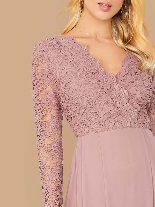 CM-DS730474 Women Elegant Seoul Style Long Sleeve Guipure Lace Bodice Boxy Pleated Dress - Purple