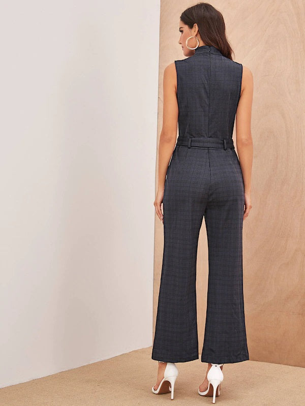 CM-JS612639 Women Elegant Seoul Style Sleeveless Self Belt Check Belted Jumpsuit - Gray