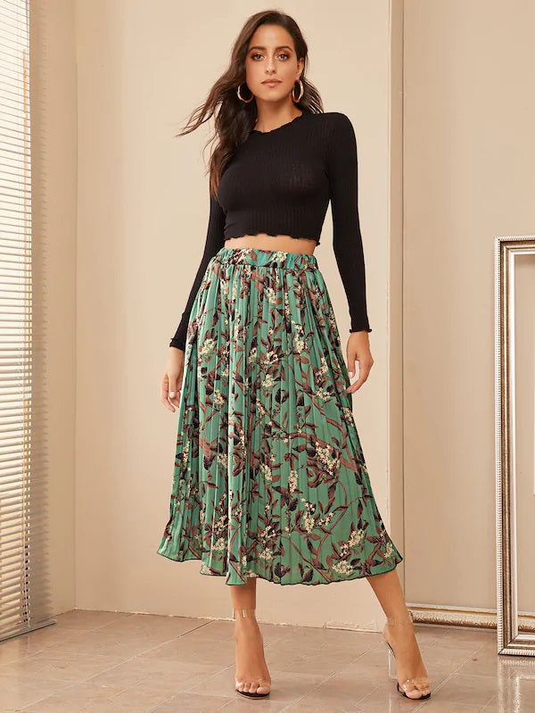 CM-BS815830 Women Casual Seoul Style Mid Waist Ditsy Floral Print Pleated Long Skirt - Green