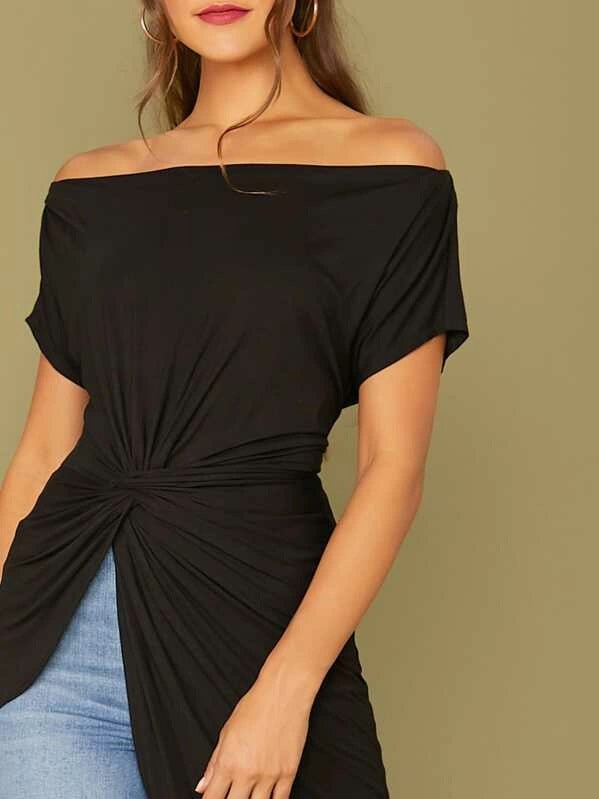 CM-TS722491 Women Casual Seoul Style Off Shoulder Twist Front Asymmetrical Hem Top - Black