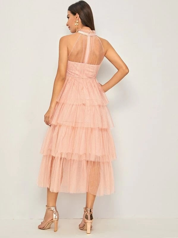 CM-DS723708 Women Elegant Seoul Style Frill Neck Tiered Layered Mesh Overlay Dress - Pink