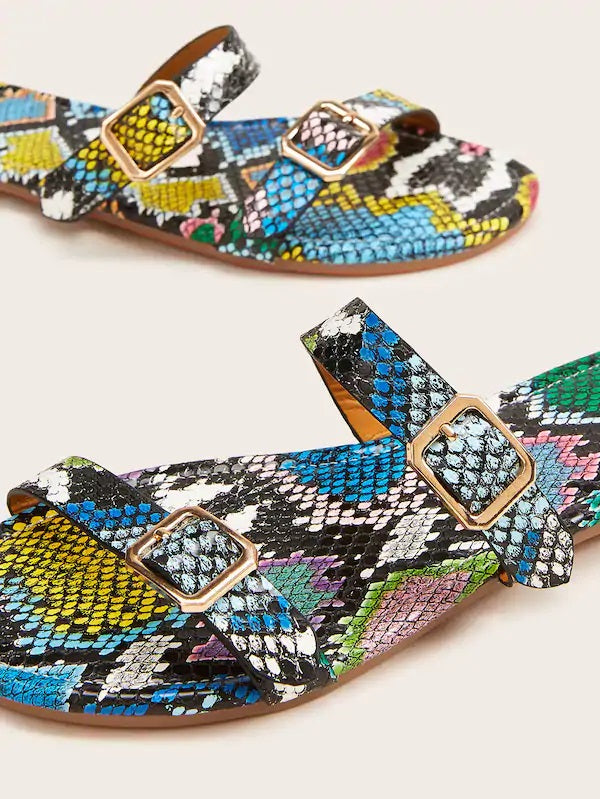 CM-SHS819547 Women Trendy Seoul Style Double Buckle Strap Snakeskin Sliders