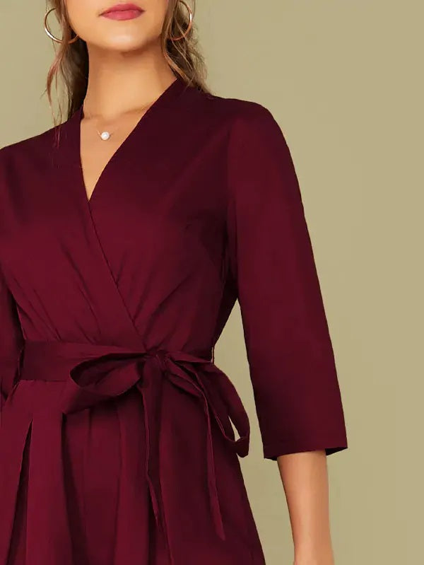 CM-JS725300 Women Elegant Seoul Style Surplice Neck Self Belted Wide Leg Jumpsuit - Wine Red