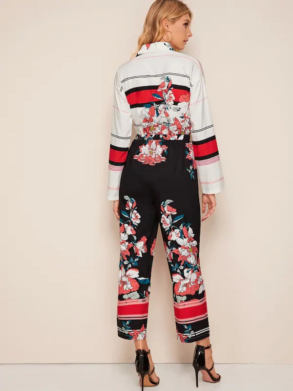 CM-JS820844 Women Casual Seoul Style Long Sleeve Floral And Stripe Print Shirt Jumpsuit
