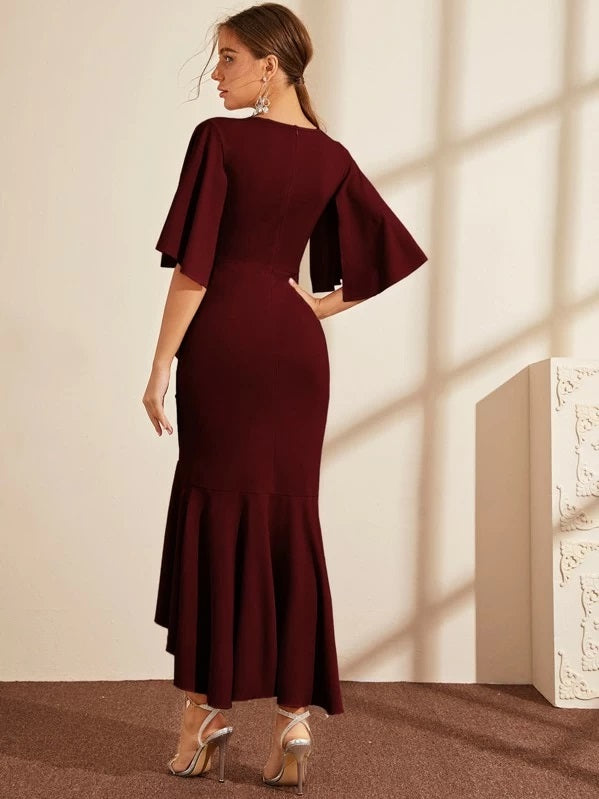 CM-DS820799 Women Elegant Seoul Style Half Split Sleeve Ruffle Hem Wrap Dress - Wine Red