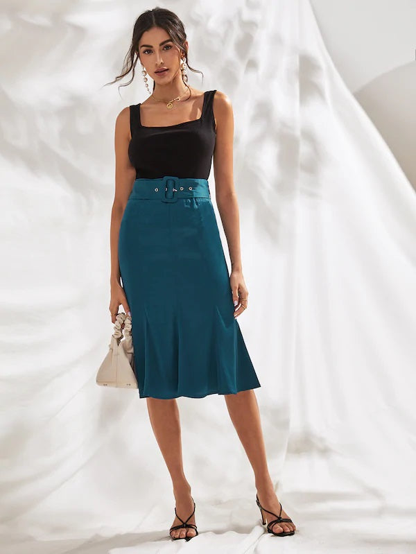 CM-BS801358 Women Casual Seoul Style High Waist Buckle Belted Fishtail Hem Satin Skirt - Blue