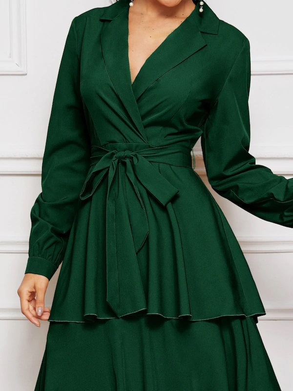 CM-DS802676 Women Elegant Seoul Style Notch Collar Layered Ruffle Hem Belted Dress - Green