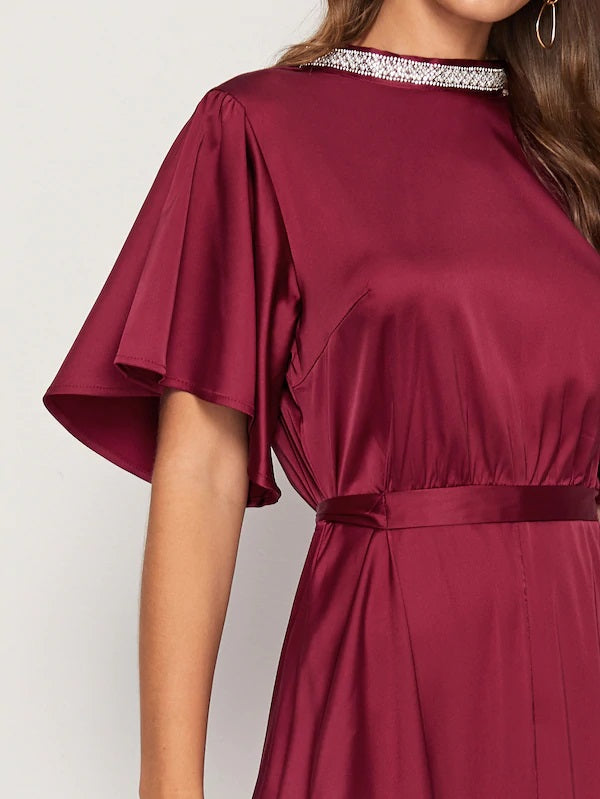 CM-DS805958 Women Elegant Seoul Style Flounce Sleeve Tie Back Cut-Out Satin Midi Dress - Wine Red
