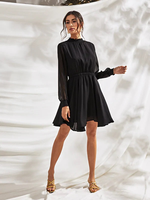 CM-DS822589 Women Casual Seoul Style Long Sleeve Solid Shirred Cuff Elastic Waist Dress - Black