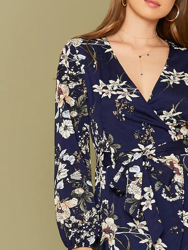 CM-DS808892 Women Casual Seoul Style Long Sleeve Wrap Belted Asymmetrical Hem Floral Print Dress