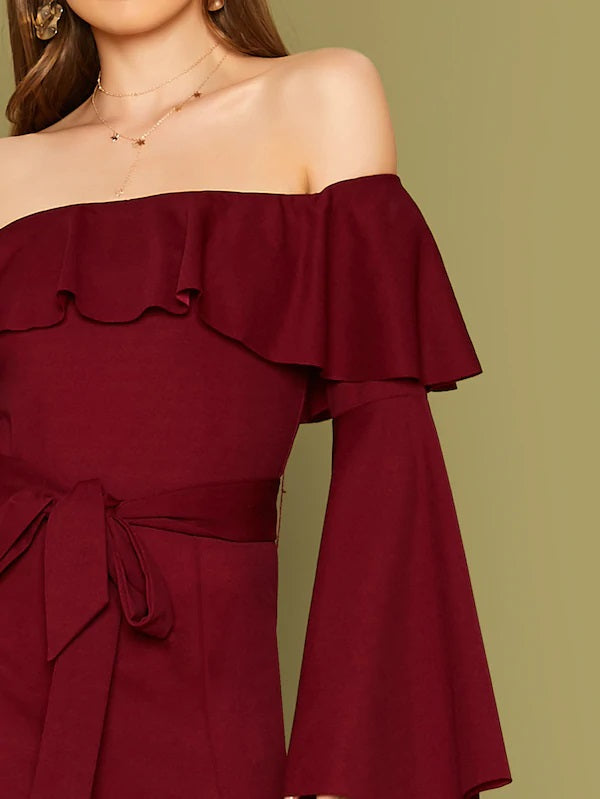 CM-JS808425 Women Elegant Seoul Style Off Shoulder Flounce Sleeve Self Belted Jumpsuit - Wine Red