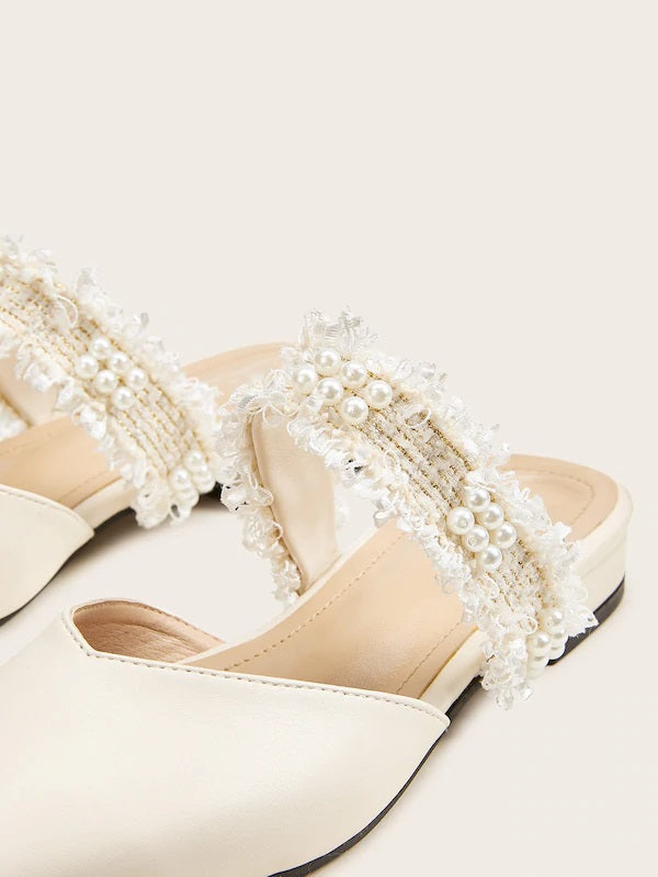 CM-SHS822766 Women Elegant Seoul Style Point Toe Faux Pearl Decor Flat Mules - Beige