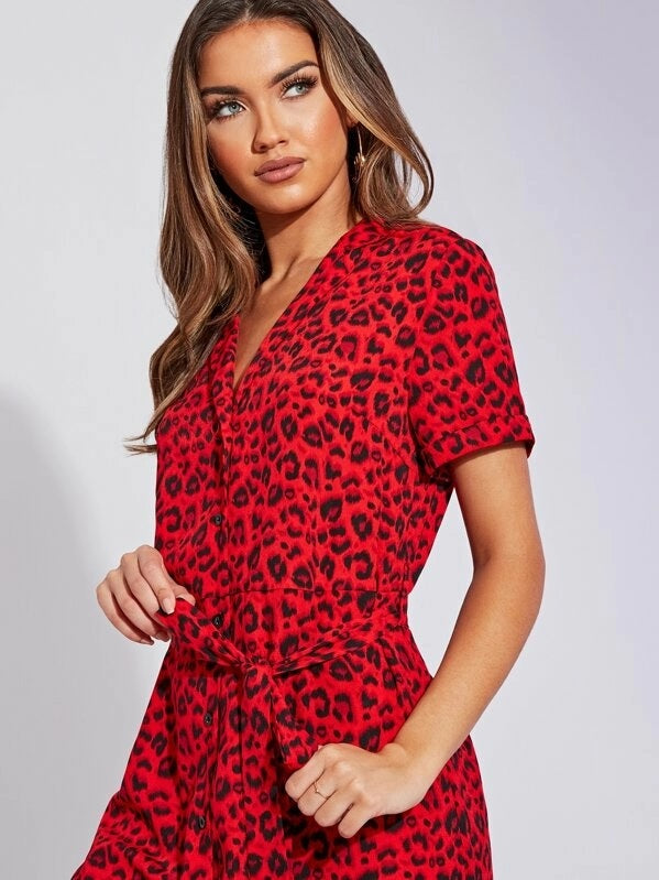 CM-DS731901 Women Casual Seoul Style Short Sleeve Leopard Print Belted Maxi Shirt Dress - Red
