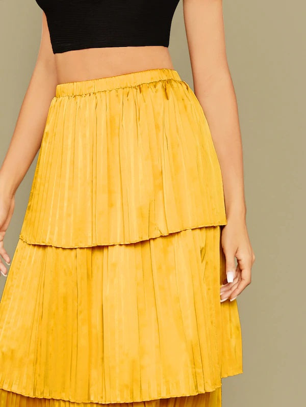 CM-BS729695 Women Elegant Seoul Style High Waist Layered Ruffle Hem Pleated Satin Skirt - Yellow