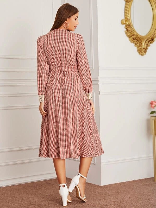 CM-DS823717 Women Casual Seoul Style Long Sleeve Gingham Lace Panel Tie Front Shirt Dress - Red