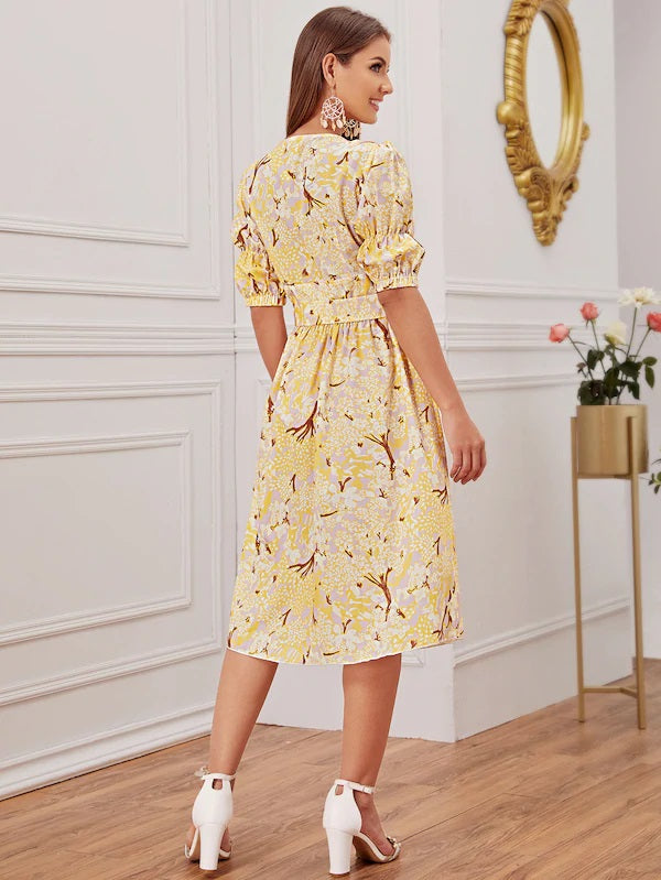 CM-DS823305 Women Casual Seoul Style Puff Sleeve Covered Button Floral A-Line Dress - Yellow