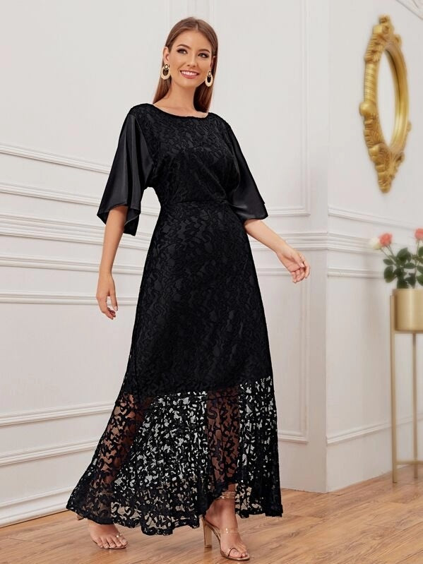 CM-DS823942 Women Elegant Seoul Style Short Sleeve V-Cut Backless Lace Maxi Dress - Black