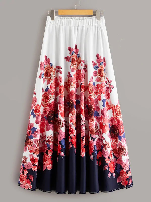 CM-BS827910 Women Elegant Seoul Style Floral Print Elastic Waist Maxi A-Line Skirt