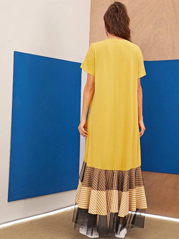 CM-DS731990 Women Casual Seoul Style Short Sleeve Plaid Ruffle Mesh Hem T-Shirt Dress - Yellow