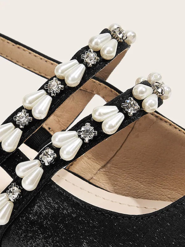 CM-SHS827105 Women Elegant Seoul Style Point Toe Faux Pearl Decor Slingback Flats - Black