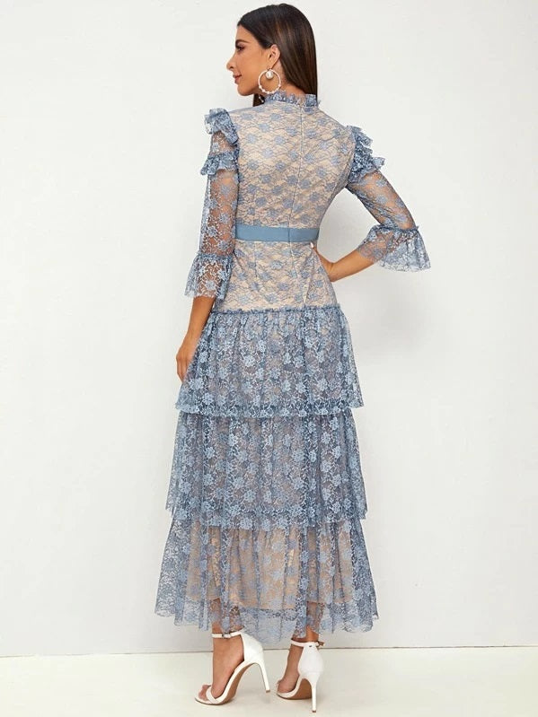 CM-DS806683 Women Elegant Seoul Style Ruffle Trim Tiered Layered Hem Lace Dress - Blue