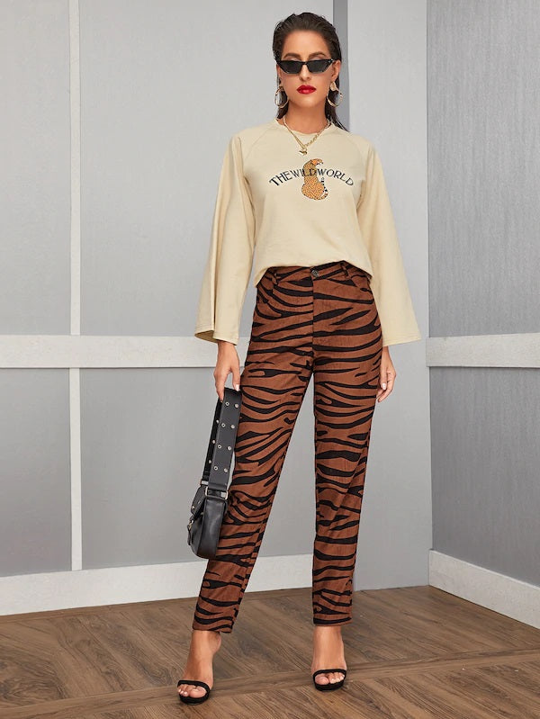CM-BS823164 Women Casual Seoul Style High Waist Zebra Striped Button Front Pants - Brown