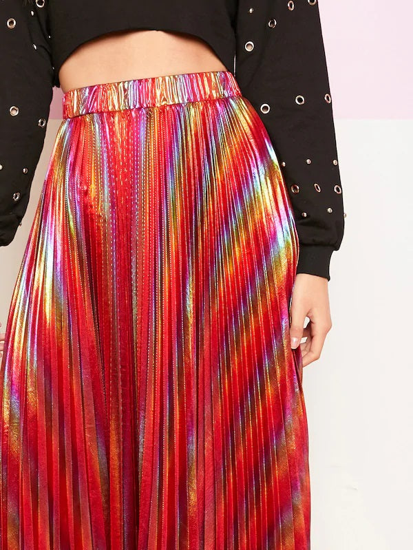 CM-BS723386 Women Elegant Seoul Style Mid Waist Rainbow Metallic Pleated Skirt