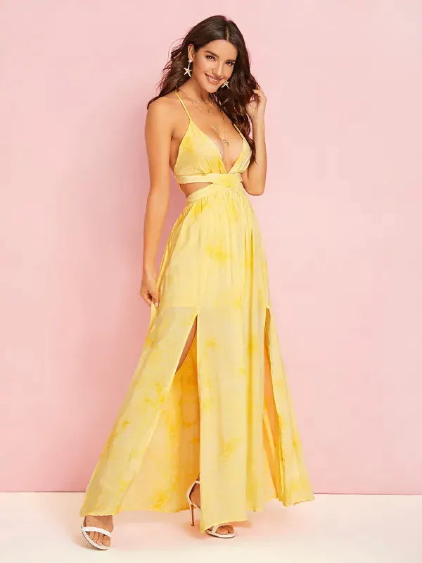 CM-DS829846 Women Elegant Seoul Style Plunging Neck Lace-Up Open Back High Split Dress - Yellow