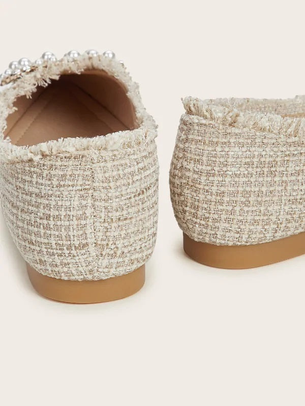 CM-SHS829365 Women Elegant Seoul Style Point Toe Faux Pearl Decor Flats - Beige