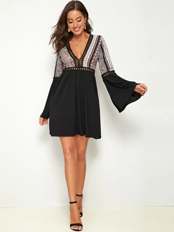 CM-DS822822 Women Trendy Seoul Style Plunge Neck Guipure Lace Insert Tribal Print Dress - Black