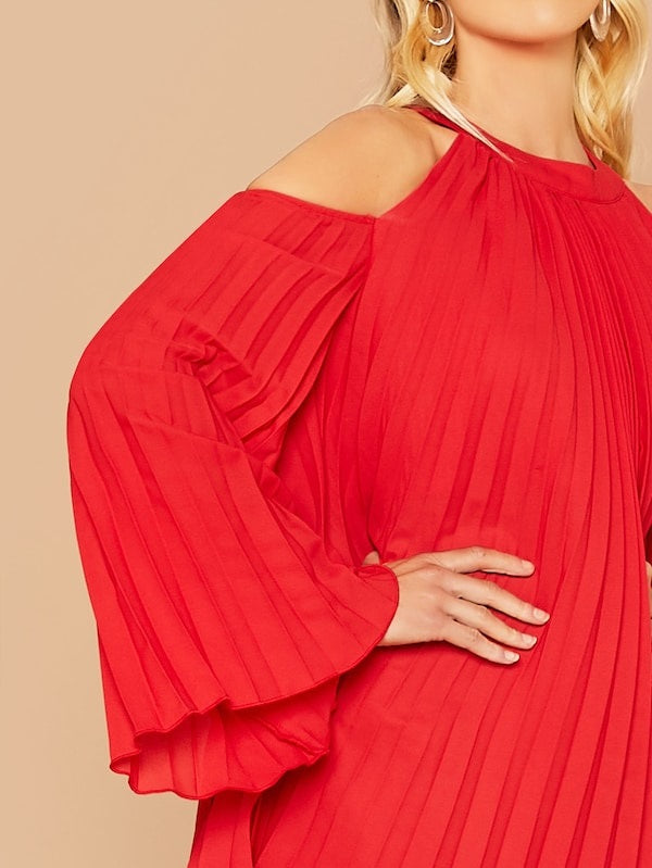 CM-DS813280 Women Elegant Seoul Style Cold Shoulder Long Sleeve Pleated Swing Dress - Red