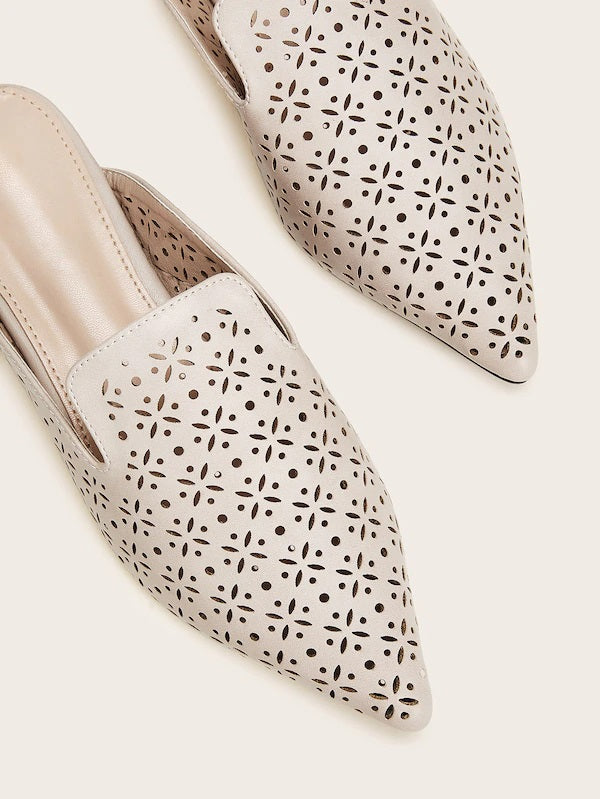 CM-SHS903401 Women Casual Seoul Style Point Toe Hollow Out Flat Mules - Beige