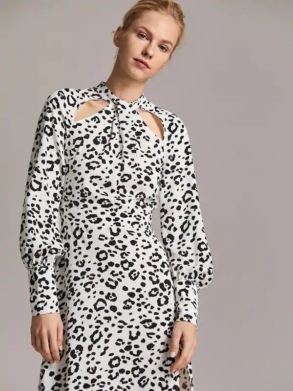CM-DS821120 Women Casual Seoul Style Animal Print Foldover Neck Cutout Detail Split Dress - White