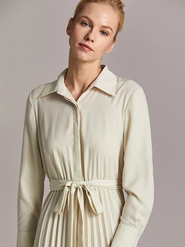 CM-DS821832 Women Elegant Seoul Style Long Sleeve Button Front Pleated Belted Shirt Dress - Beige