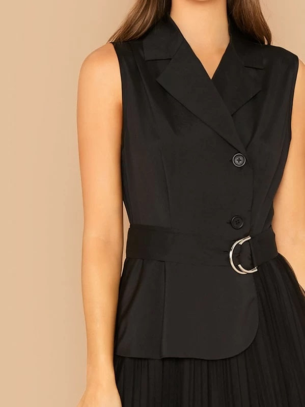 CM-DS823521 Women Elegant European Style Notched Collar Buttoned Belted Pleated Mesh Dress - Black