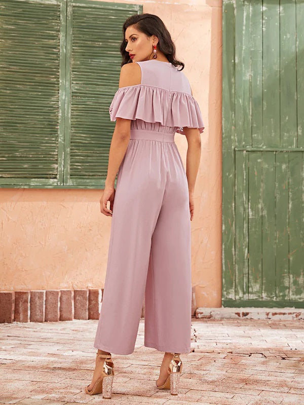 CM-JS822739 Women Casual Seoul Style Cold Shoulder Laser Cut Ruffle Wide Leg Jumpsuit - Pink