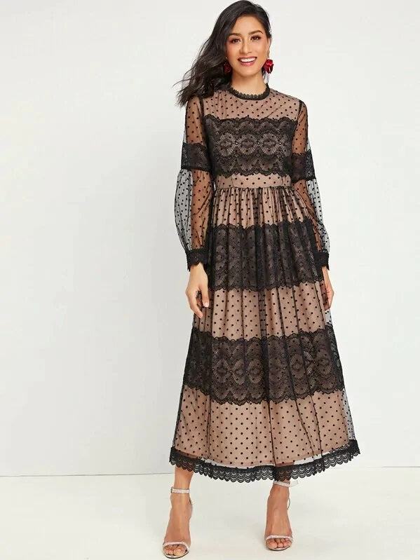 CM-DS904332 Women Elegant European Style Embroidered Mesh Scallop Trim Sheer Dress - Black