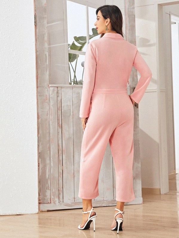 CM-JS905637 Women Trendy Seoul Style Long Sleeve Solid Shawl Collar Roll Hem Jumpsuit - Pink