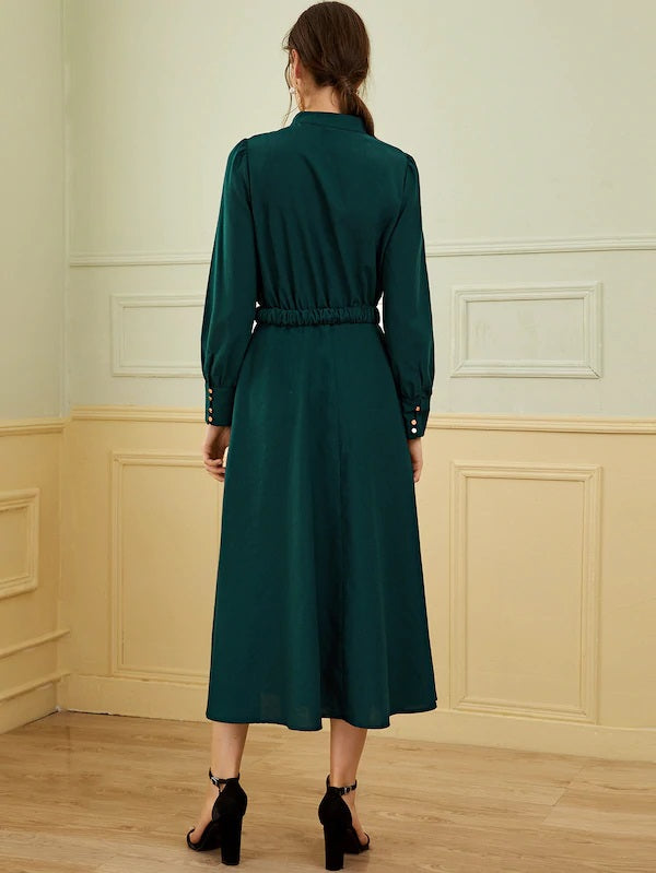 CM-DS821451 Women Elegant Seoul Style Long Sleeve Cutout Front Buckle Detail Waist Dress - Green