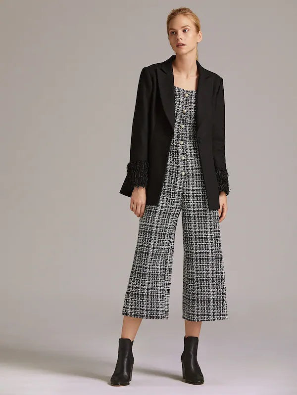 CM-JS815003 Women Elegant Seoul Style Sleeveless Button Front Belted Tweed Jumpsuit - Black