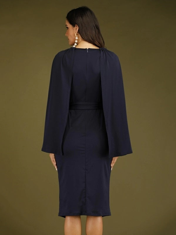 CM-DS905870 Women Elegant European Style Tulip Hem Cape Sleeve Belted Sheath Dress - Navy Blue