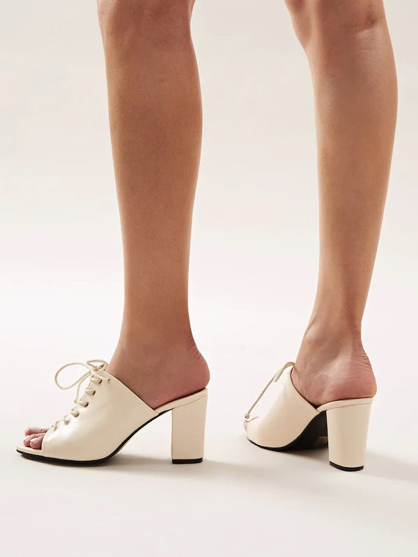 CM-SHS909600 Women Elegant Seoul Style Open Toe Lace-Up Chunky Heeled Mules - Apricot