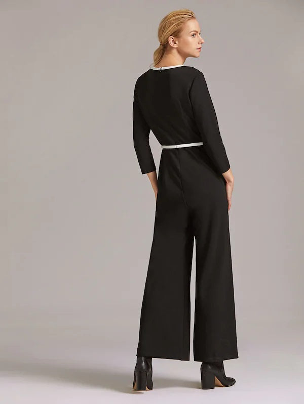 CM-JS904836 Women Casual Seoul Style Long Sleeve Round Neck Wide Leg Jumpsuit - Black