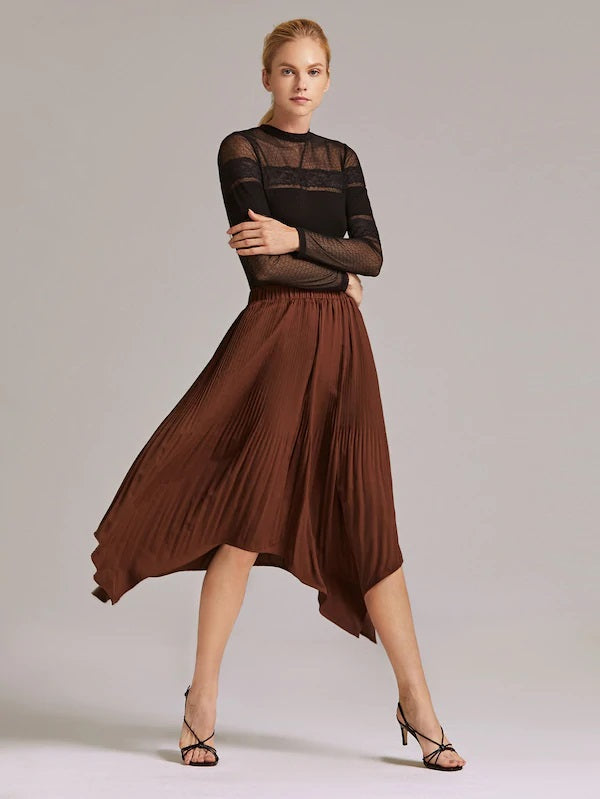 CM-BS902562 Women Casual Seoul Style Mid Waist Pleated Hanky Hem Solid Skirt - Brown