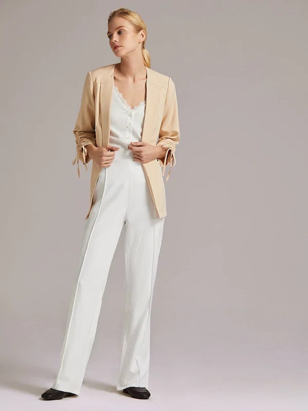CM-CS903464 Women Elegant Seoul Style Long Sleeve Shawl Collar Drawstring Cuff Blazer - Beige